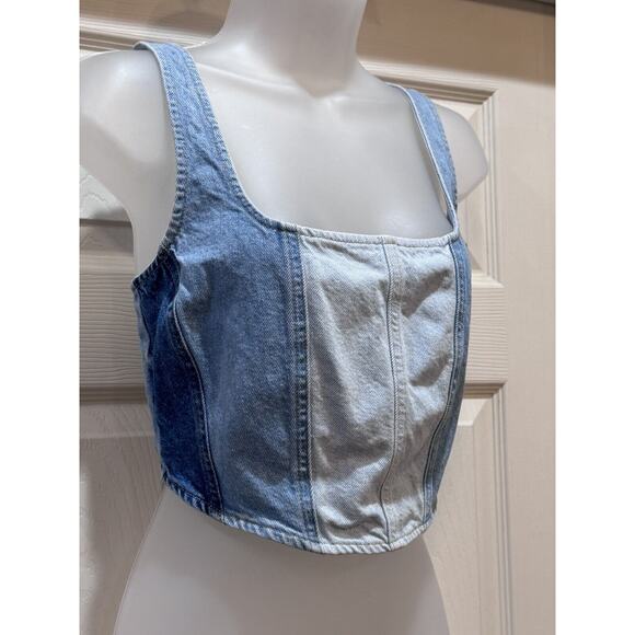 Patchwork Denim Cropped patchwork Sleeveless Halter Top Size Women’s Medium - Picture 3 of 11